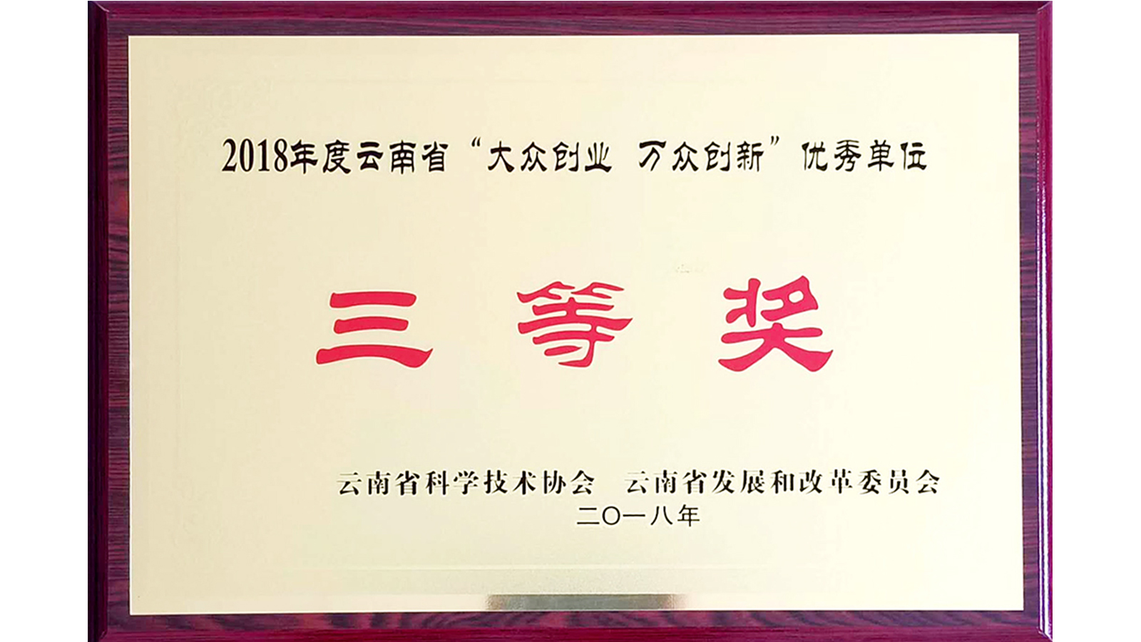 <b>2018年度云南省“大众创业，万众创新“优秀单位”三等奖“牌匾</b>