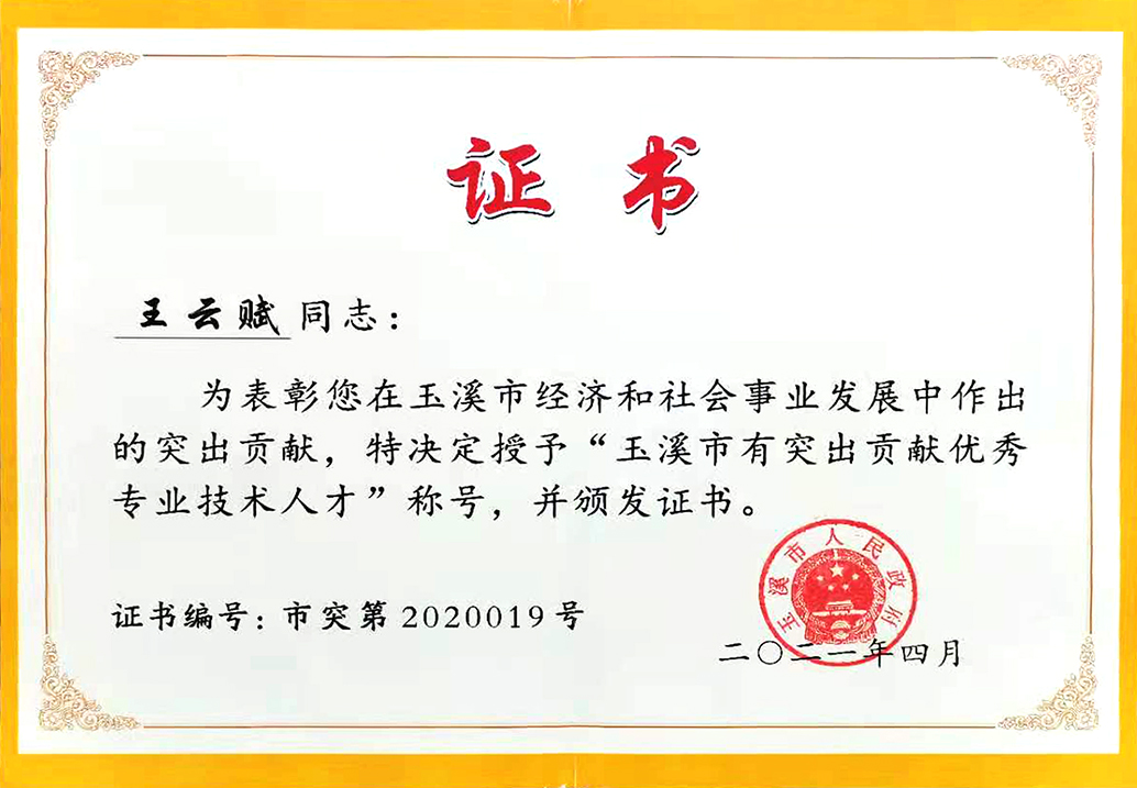 王云赋被玉溪市人民政府表彰为“玉溪市有突出贡献优秀专业技术人才”